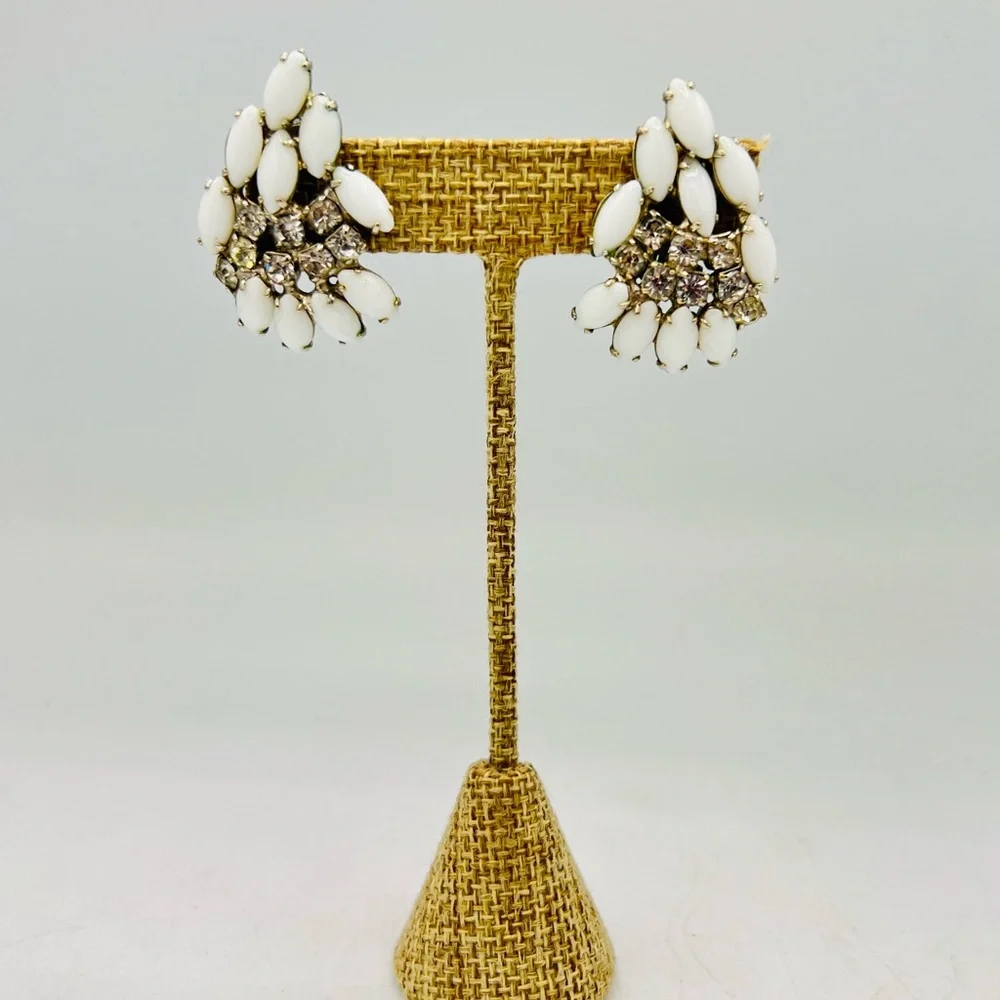 Vintage white glass rhinestone clip on earrings climbers milkglass